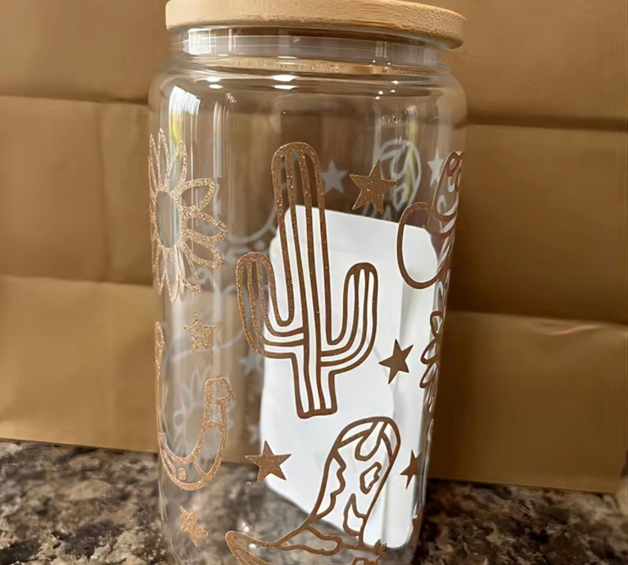 Tumbler - 16oz Libbey Style Glass Can Gold Cowboy Western Design