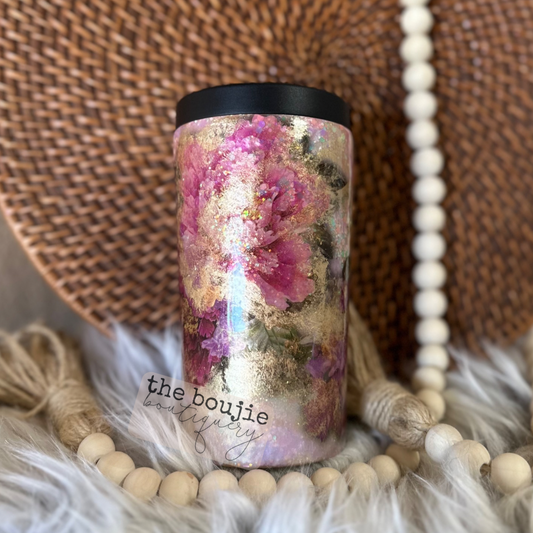 Koozie - 12oz Stainless Steel Skinny Can Holder Pink & Gold flowers