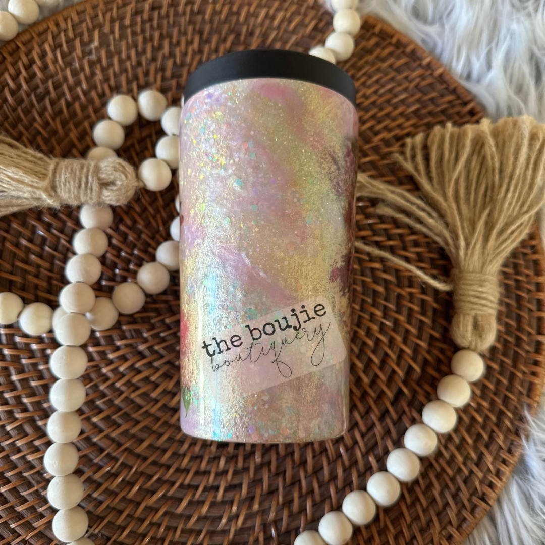 Koozie - 12oz Stainless Steel Skinny Can Holder Pink & Gold flowers