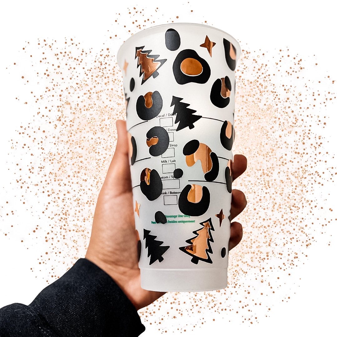 Tumbler - 24oz. Venti  Branded Cold Cup Rose Gold Christmas Leopard Wrapped